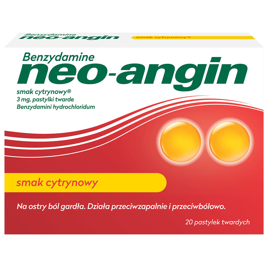 Benzidamină neo-angin 3 mg, aromă de lămâie, 20 pastile tari