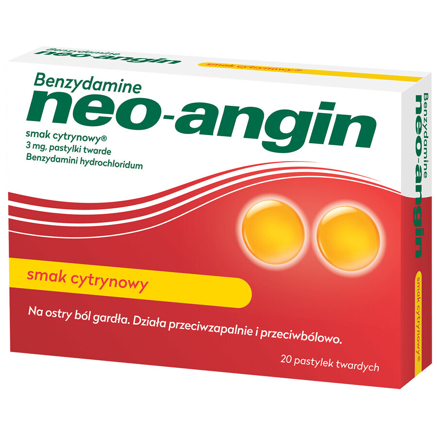 Benzidamină neo-angin 3 mg, aromă de lămâie, 20 pastile tari