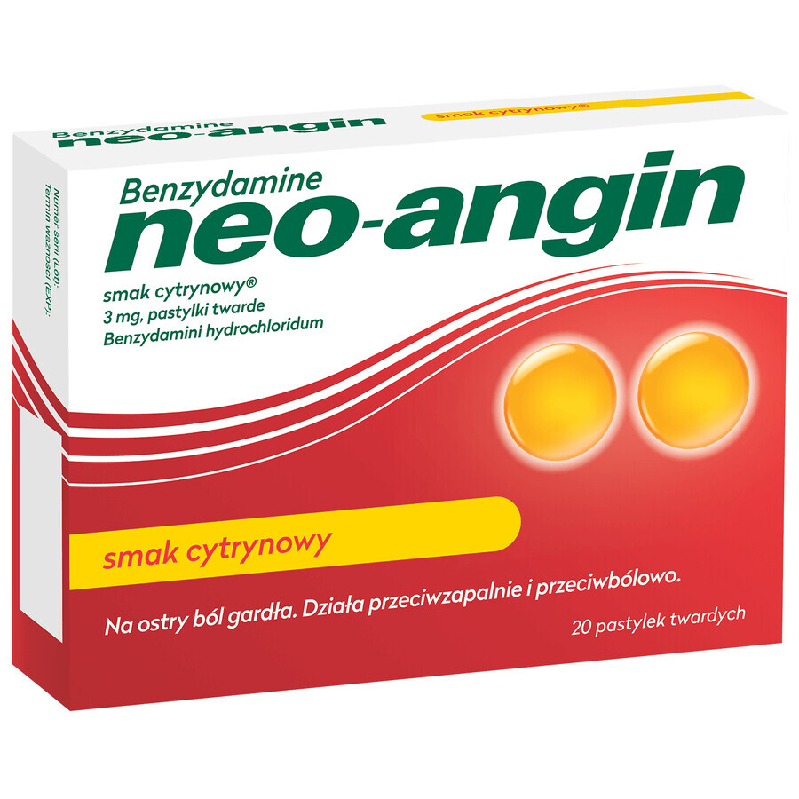 Benzidamină neo-angin 3 mg, aromă de lămâie, 20 pastile tari