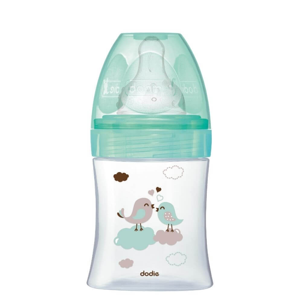 Biberon din sticla pentru initiere anti-colici, Pasari, 150 ml, 0-6 luni, Dodie Mama si copilul