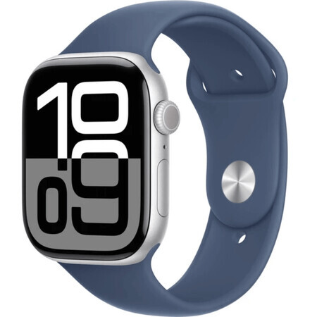 Apple Watch Series 10 GPS + Cellular 42mm Carcasă din aluminiu argintiu cu bandă sport din denim - M/L