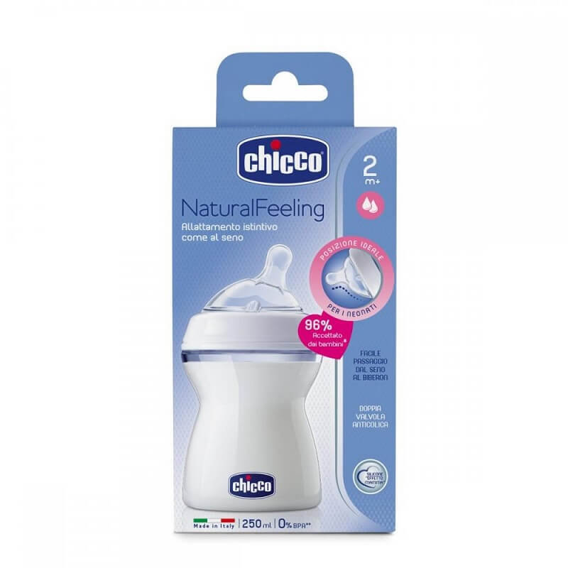 Biberon plastic Natural Feeling, 250ml, tetină silicon, flux mediu, 2luni+, 0%BPA, 80723, Chicco