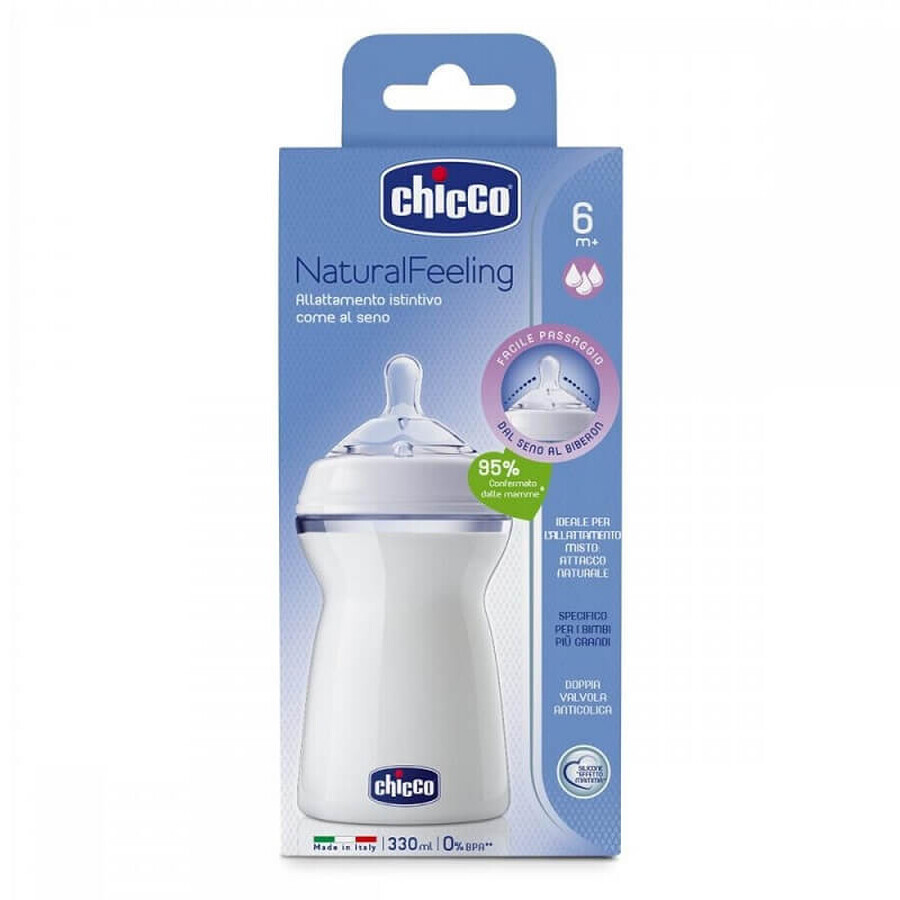 Biberon plastic Natural Feeling, 330ml, t.s., flux rapid, 6luni+, 0%BPA, 80737, Chicco