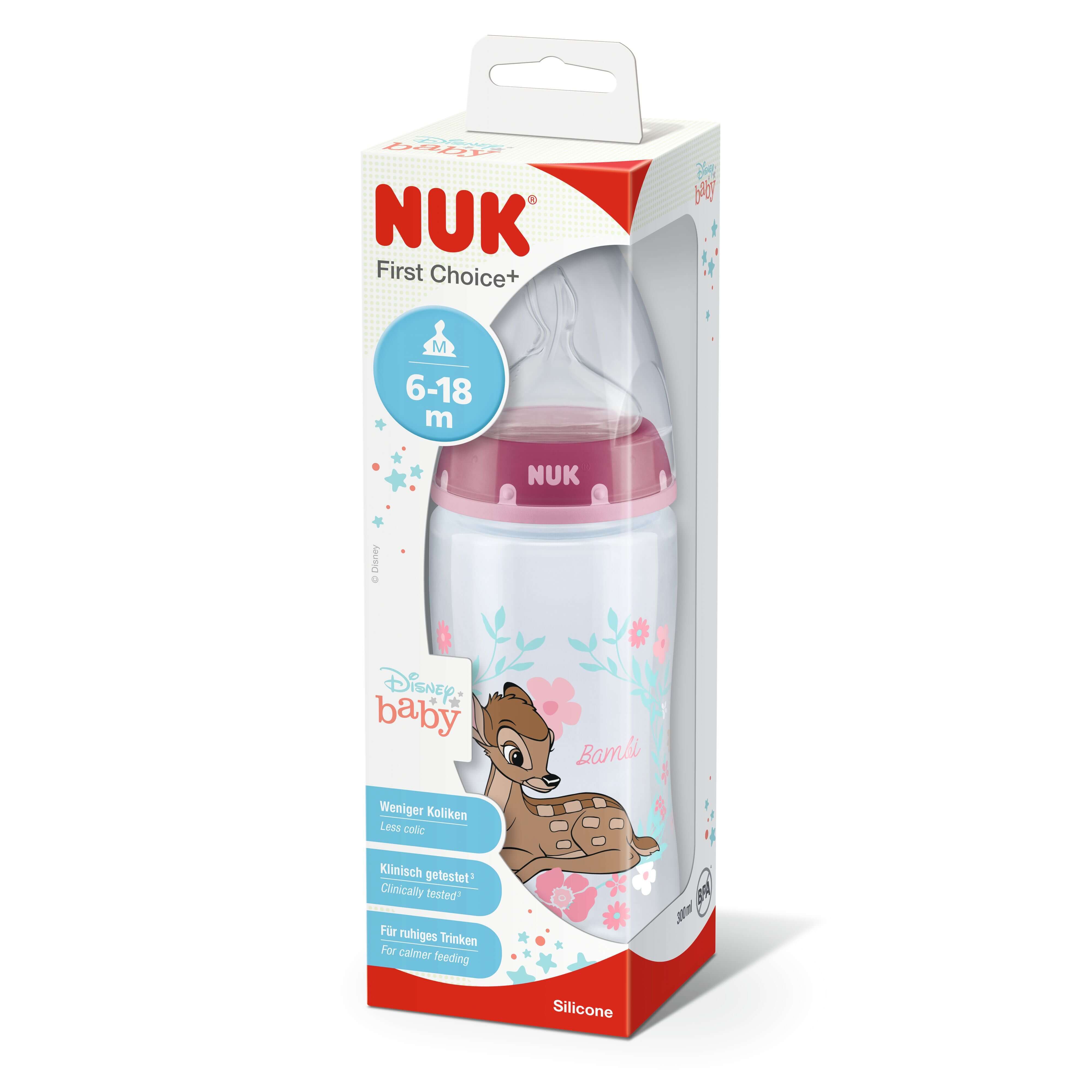 Biberon PP 300 ml + tetina din silicon, 6-18 luni, First Choice Disney Bambi, Nuk