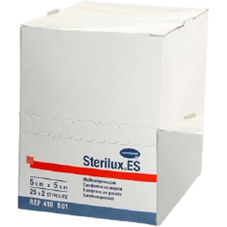 Hartmann Sterilux ES compresie sterilă cu margini pliate 17 fire 8 straturi (5x5 cm) 2 x 25 buc