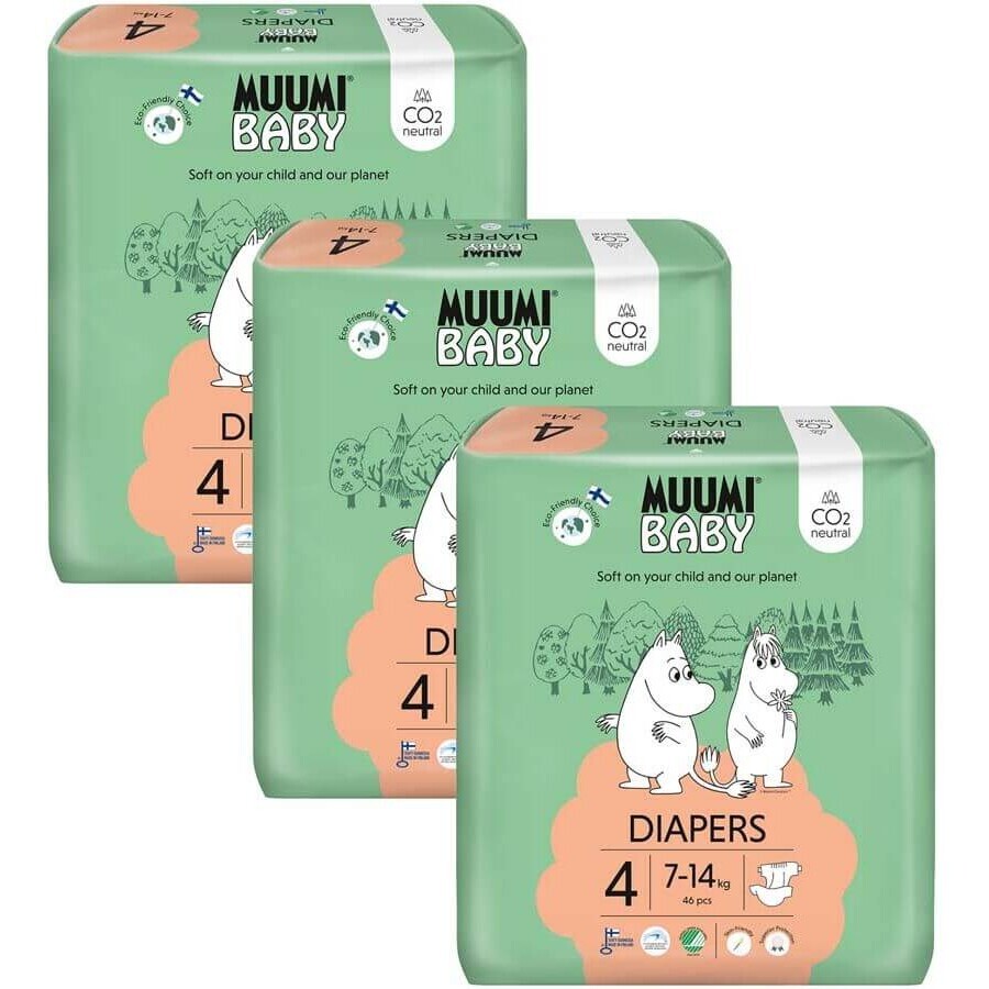 Muumi Baby 4 Maxi 7-14 kg, paquet mensuel de couches bio, 138 pièces