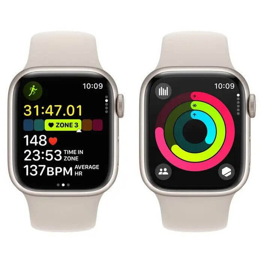 Apple Watch Series 9 GPS 41mm Starlight carcasă din aluminiu cu brățară sport Starlight - S/M