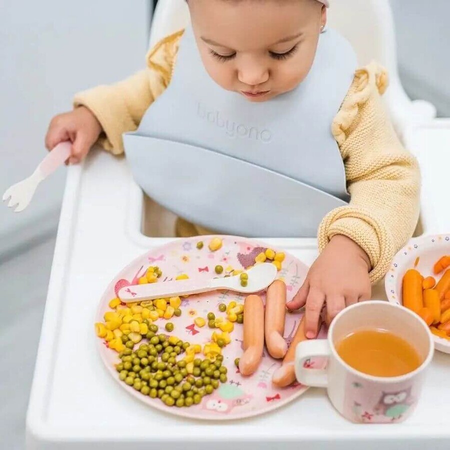 BabyOno Zacht plastic slabbetje met zakje BPA-vrij grijs 6m+