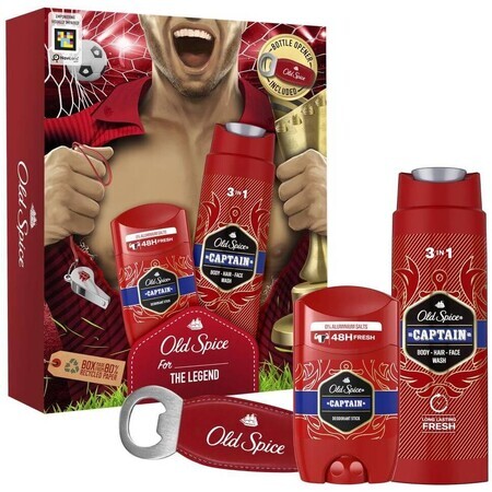 Old Spice Footballer - set cadou cu deodorant solid, gel de duș Captain cu note de lemn de santal și citrice și deschizător de sticle