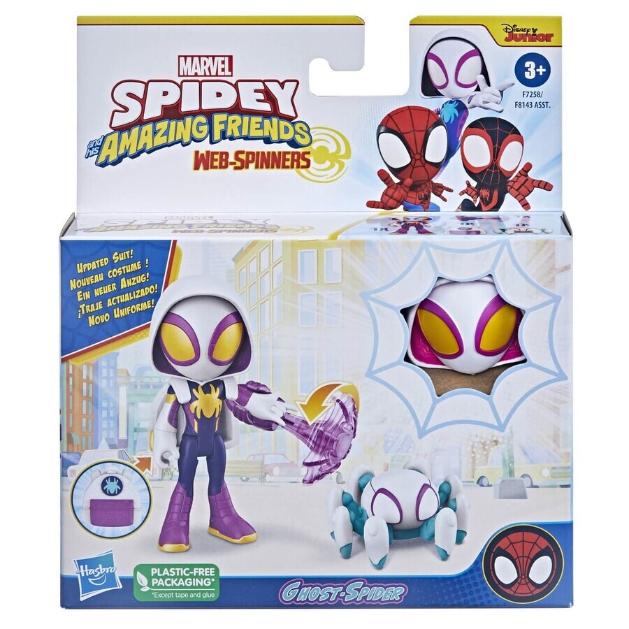 Set figurina Ghost Spider Man si accesorii Spidey and his Amazing Friends, 10 cm, +3 ani, Hasbro