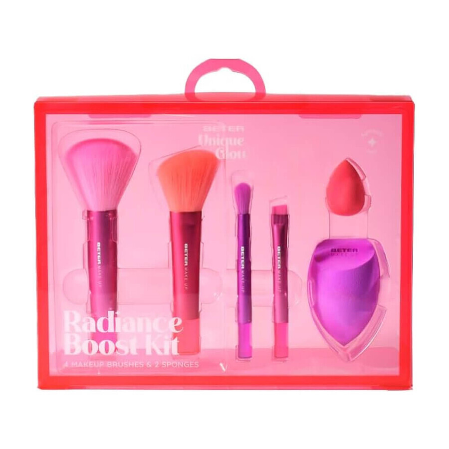 Radiance Boost Pack 4 makeup brushes + 2 Unique Glow makeup sponges, Beter