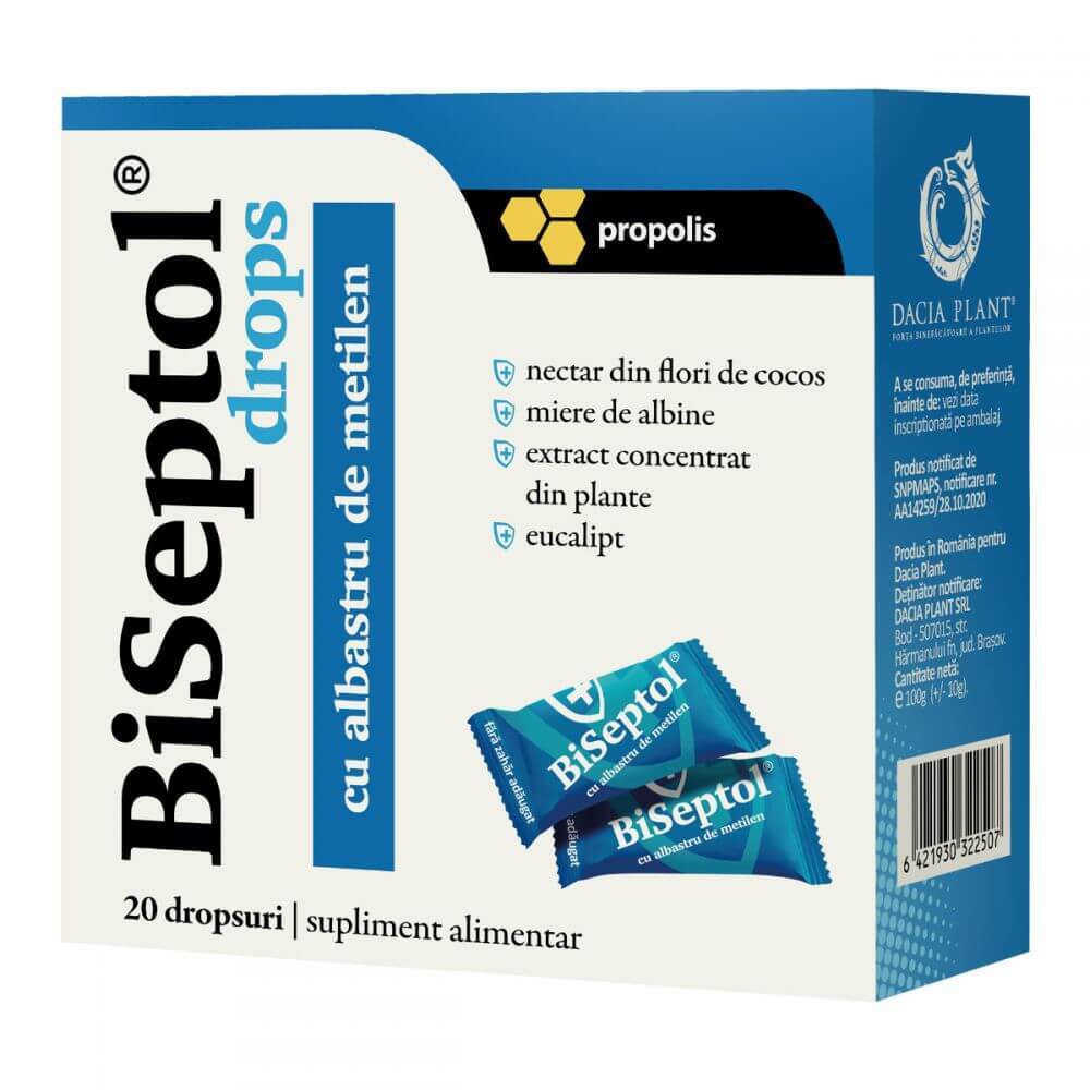 biseptol cu albastru de metilen dr max BiSeptol drops cu propolis și albastru de metilen, 20 bucăți, Dacia Plant