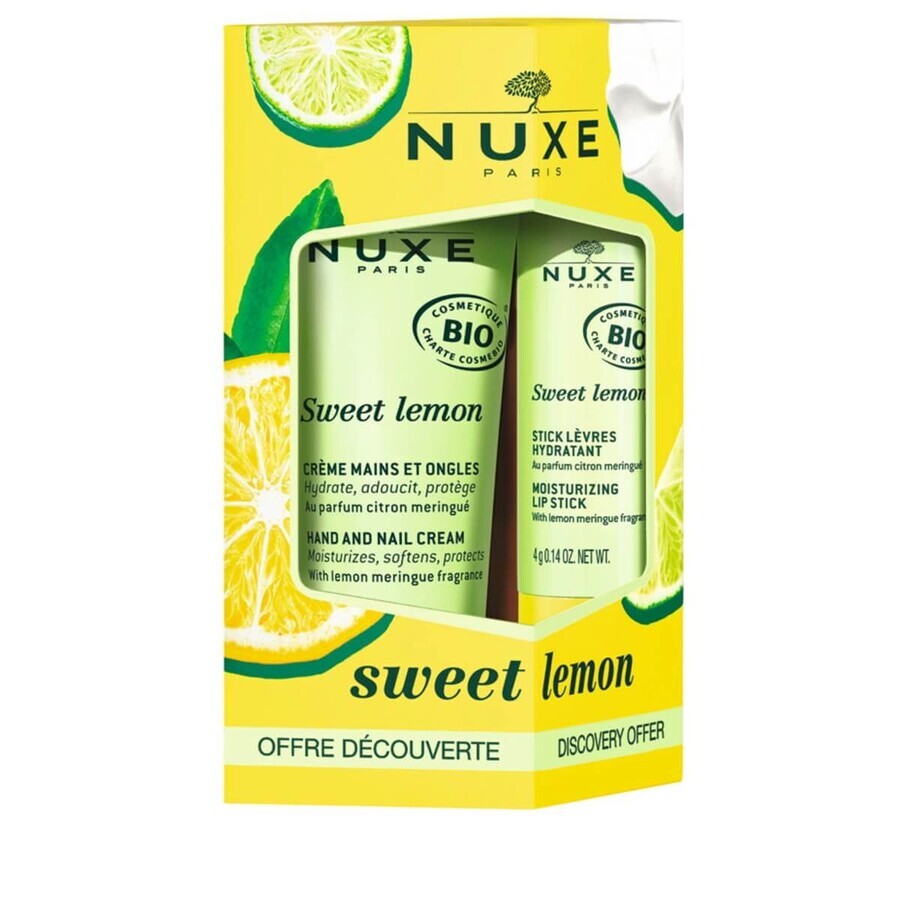 Set Crema de maini + Balsam de buze stick Sweet Lemon, 30 ml + 4 g, Nuxe