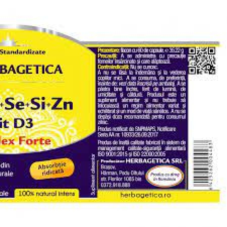 Ca+Mg+Se+Si+Zn cu vitamina D3, 30 capsule, Herbagetica