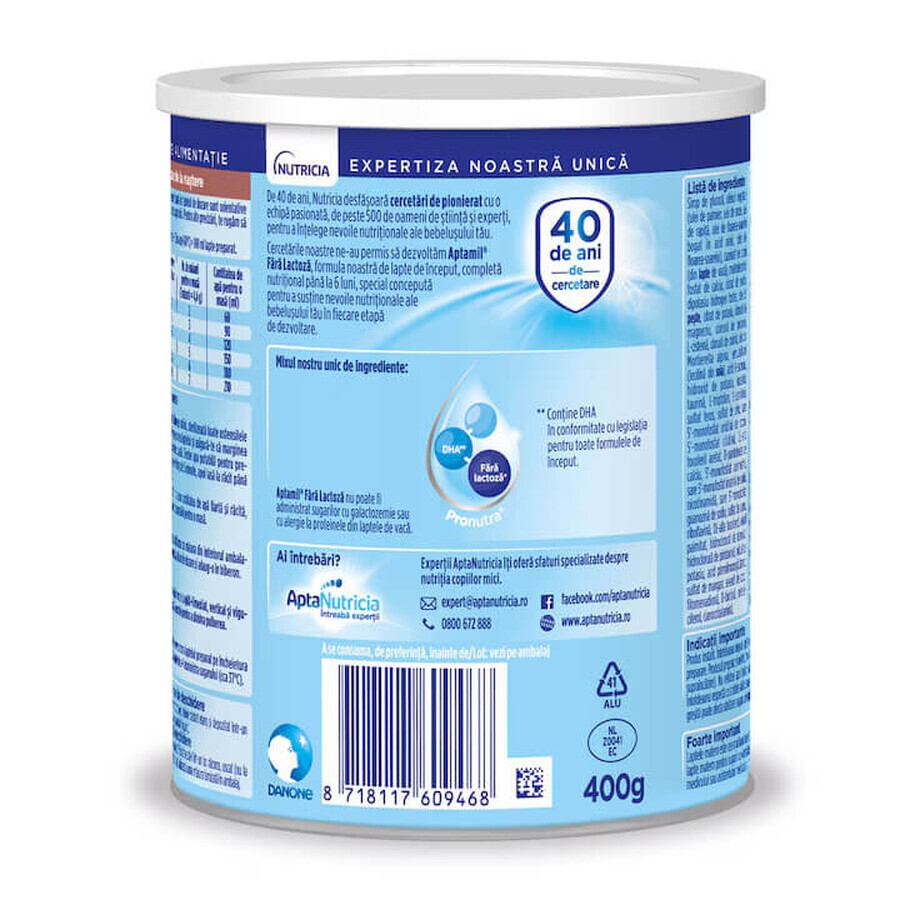 Formulă de lapte de început Fără Lactoză, 400 g, Aptamil