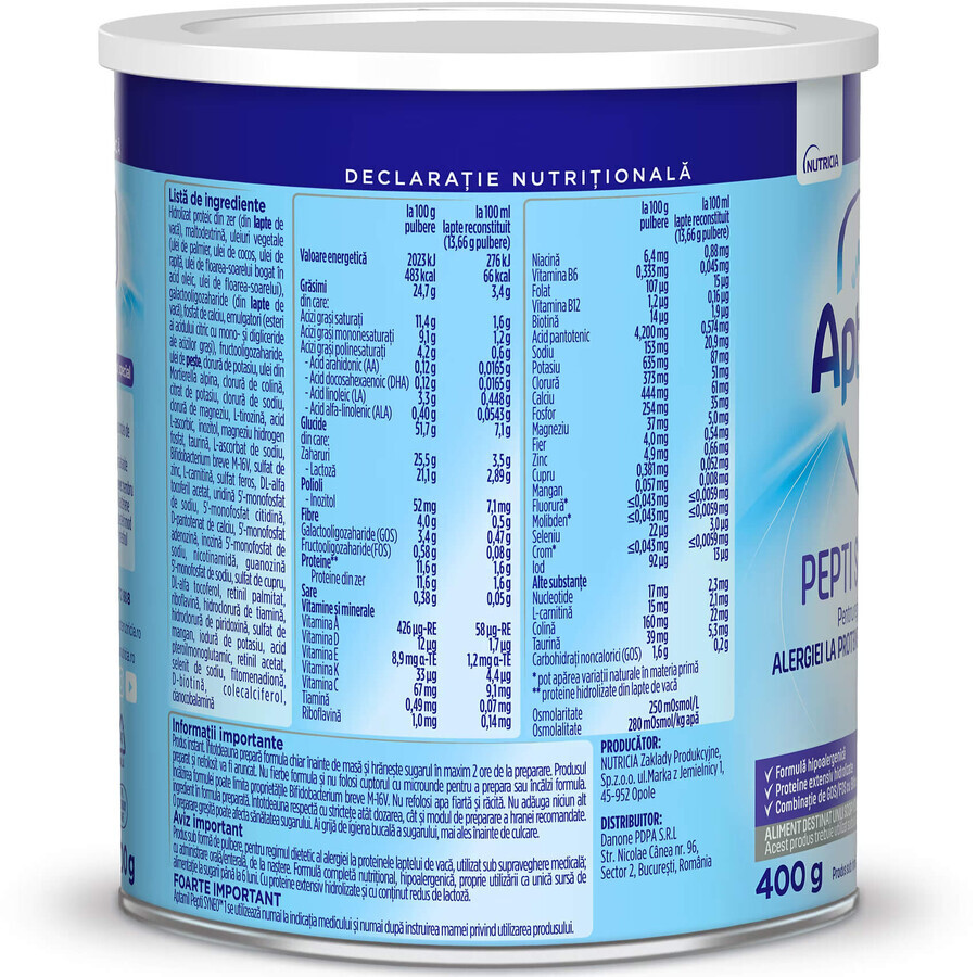 Formulă de lapte Aptamil Pepti Syneo 1, 0-6 luni, 400 g, Nutricia