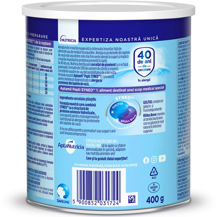 Formulă de lapte Aptamil Pepti Syneo 1, 0-6 luni, 400 g, Nutricia