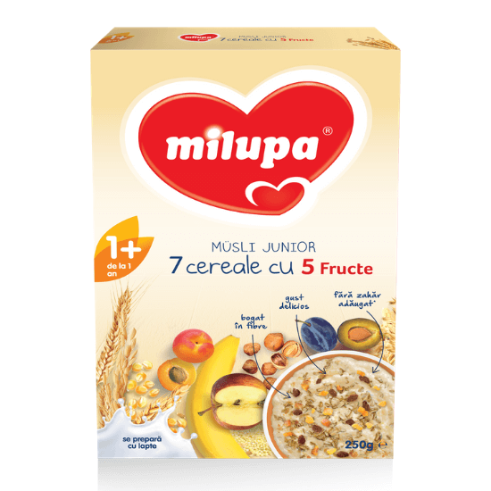 Musli Junior 7 Cereale cu 5 Fructe, +12 luni, 250 g, Milupa Mama si copilul