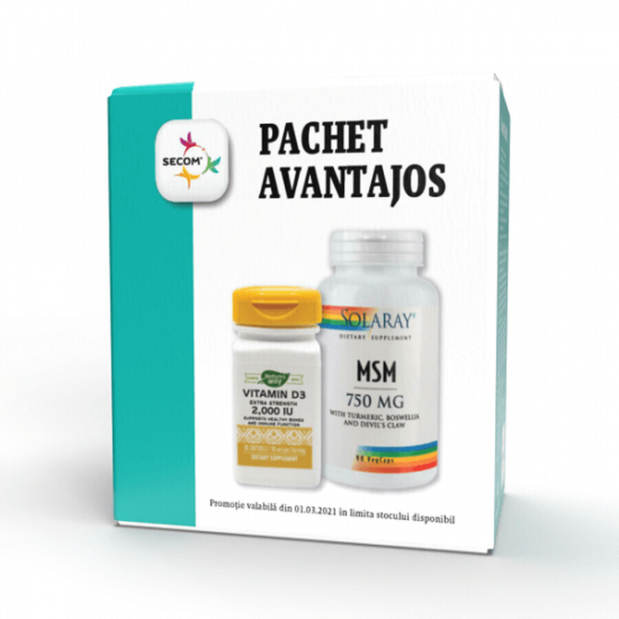 Pachet Avantajos MSM 750 mg + Vitamin D3, 30 capsule, Natures Way