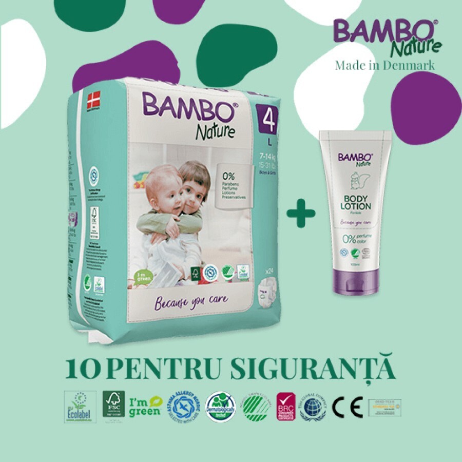 Pachet Eco Friendly Scutece Nr. 4, 7-14 kg, 24 bucati + Lotiune de corp pentru copii, 100 ml, Bambo Nature