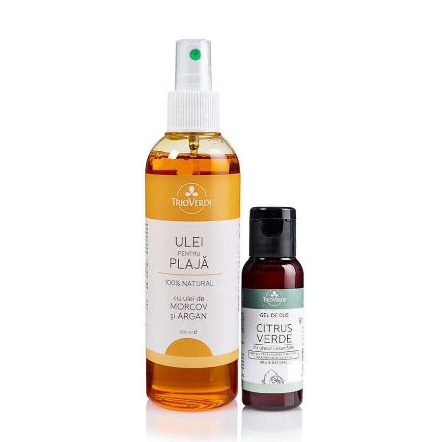 Pachet Ulei pentru plaja cu Morcov si Argan, 200 ml si Gel de dus Citrus verde, 50 ml, Trio Verde