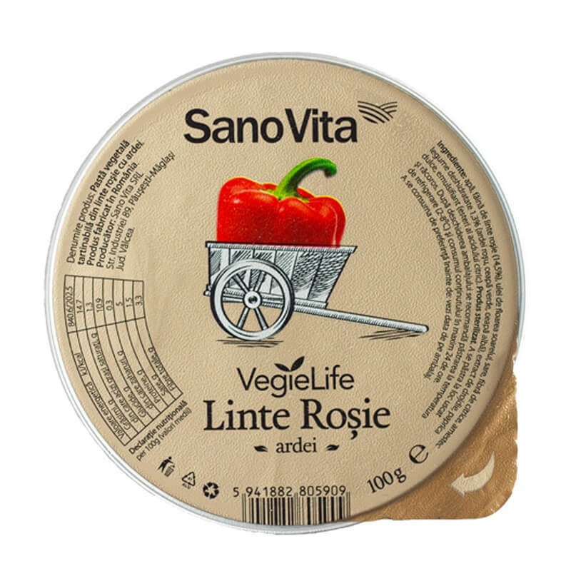 pasta de ton cu unt si ceapa Pasta vegetala tartinabila din linte rosie cu ardei si ceapa VegieLife, 100 gr, Sanovita