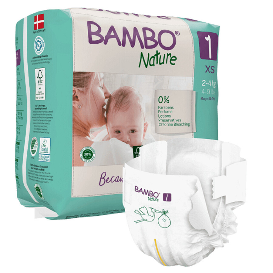 Pañales nº 1, 2- 4 kg, 22 unidades, Bambo Nature