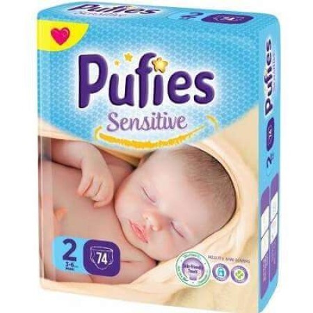 Scutece, nr. 2, Pufies Baby Sensitive, 3-6 kg, 74 buc, Ficosota Sintez