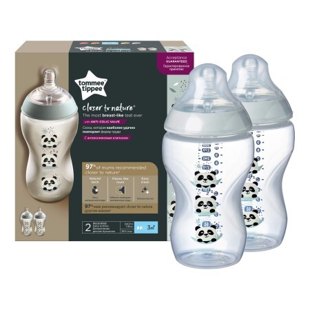 Set 2 biberoane model ursuleti panda Close to Nature +3 luni, 340 ml, Tommee Tippee