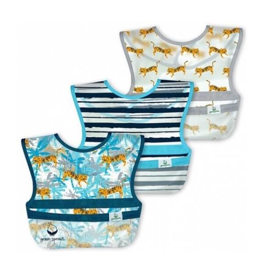 Set 3 bavete impermeabile cu buzunar reversibil, Blue Tiger, Green Sprouts