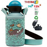 Termos Hit inox cu ventil Sport, capac cu filet si husa neopren Delfinas, 350ml, Laken