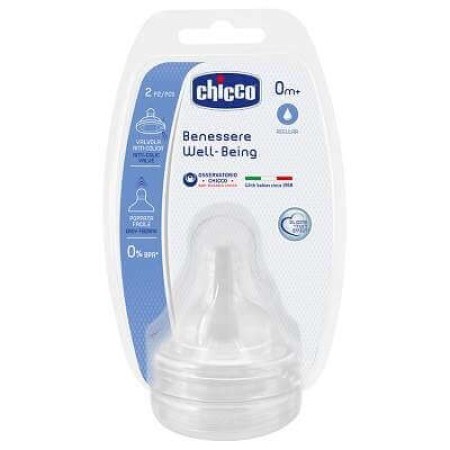 Tetina anti-colici din silicon cu flux normal, +0 luni, 2 buc, Chicco