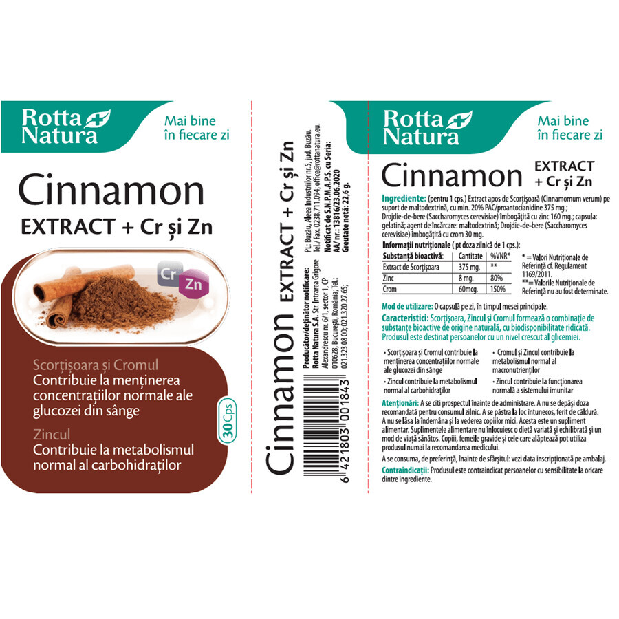 Cinnamon Extract + Crom și Zinc, 30 capsule, Rotta Natura