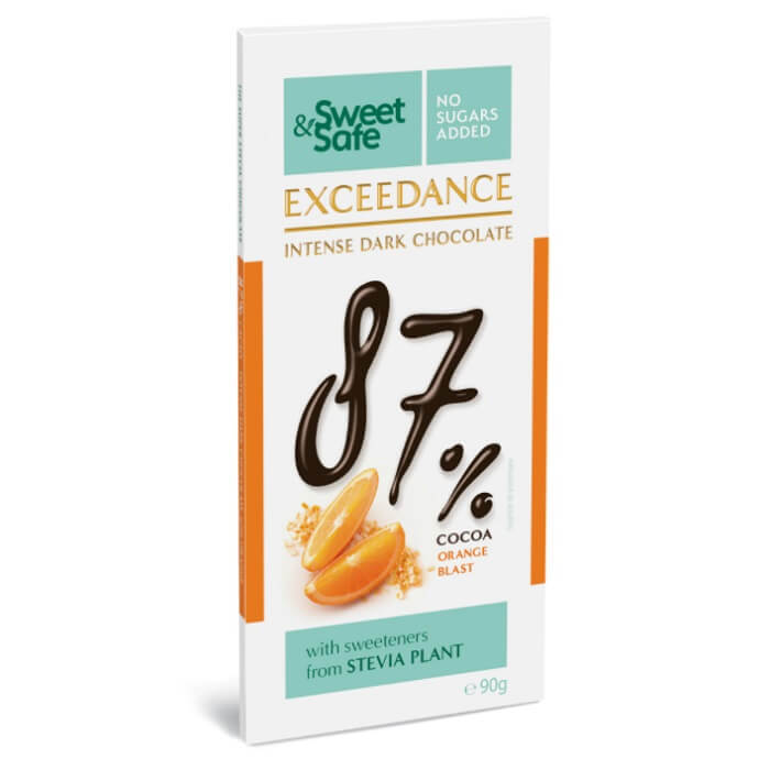 Ciocolata neagra 87% cu portocale Sweet & Safe, 90 g, Sly Nutritia