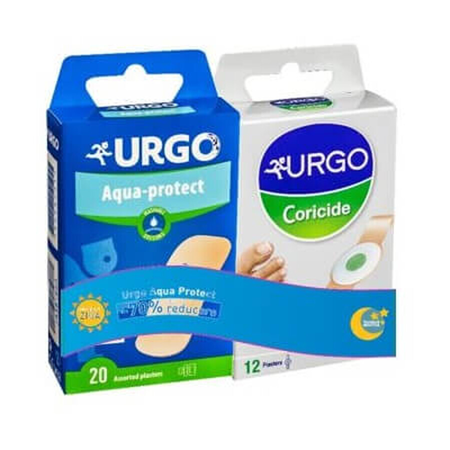 Plasturi adezivi pentru bătături Corcide, 12 bucăți + Plasturi Aqua-Protect, 20 bucăți, Urgo