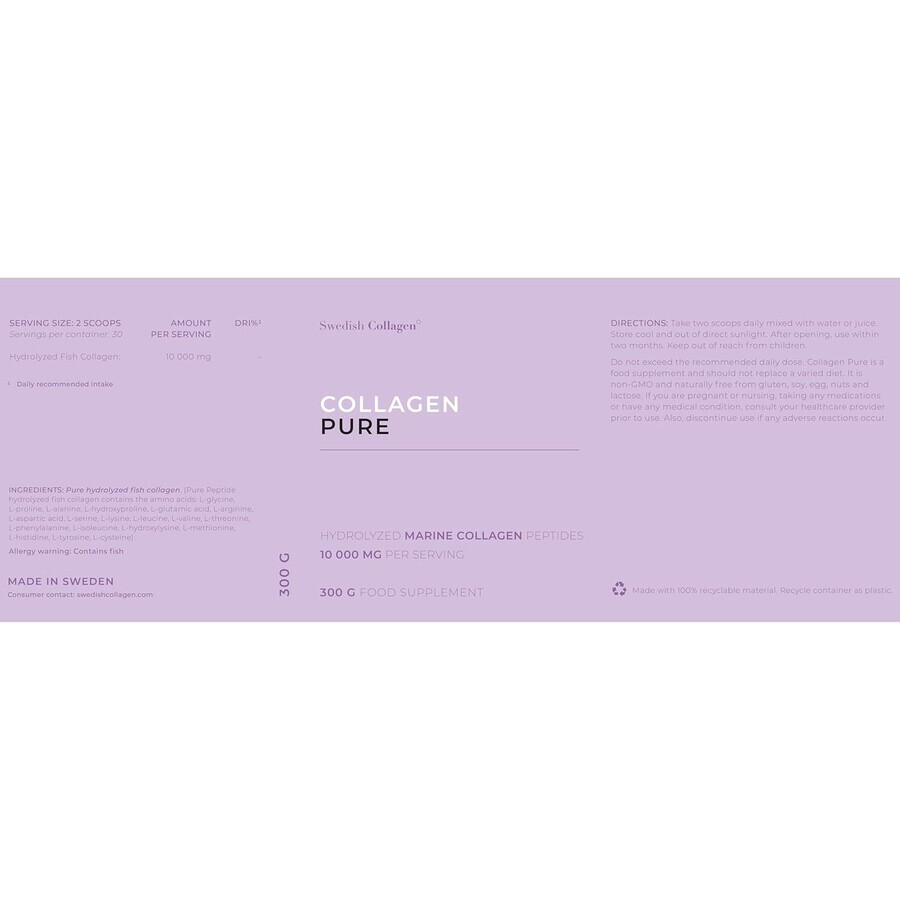 Pulbere de colagen hidrolizat Pure 10.000 mg, 300 g, Swedish Collagen