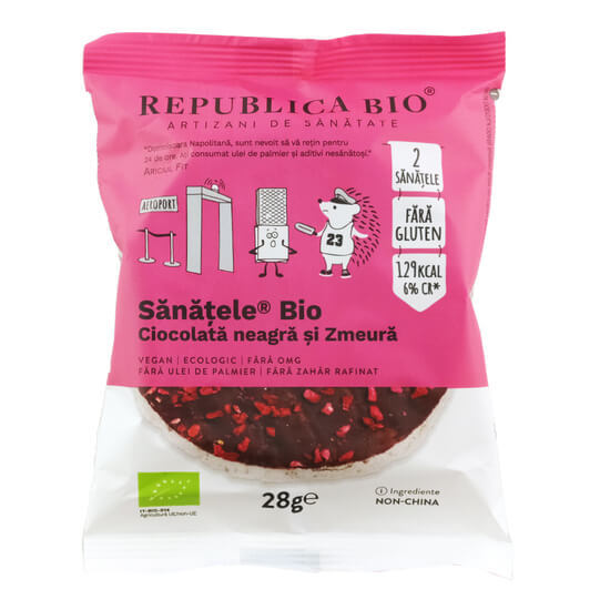 Sanatele BIO cu ciocolata neagra, zmeura si orez brun, fara gluten, 28g, Republica Bio