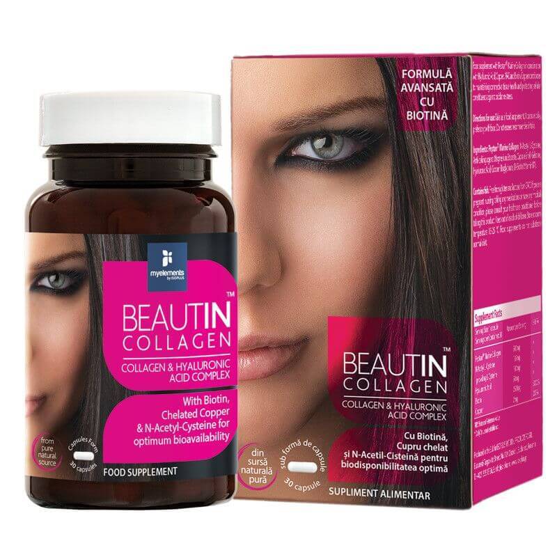 Complex Collagen & Acid Hialuronic cu Biotina Beautin Collagen My Elements, 30 capsule, ISO PLUS Vitamine si suplimente