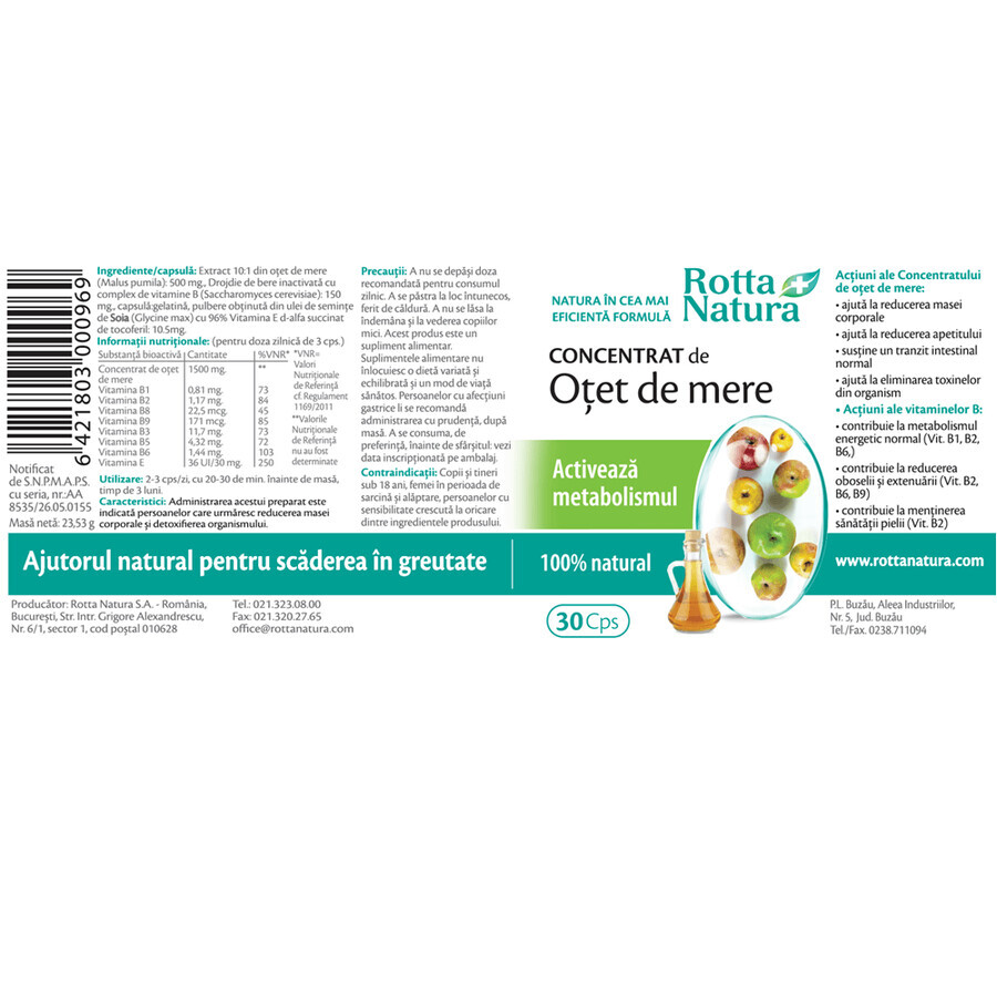 Concentrat de oțet de mere, 30 capsule, Rotta Natura