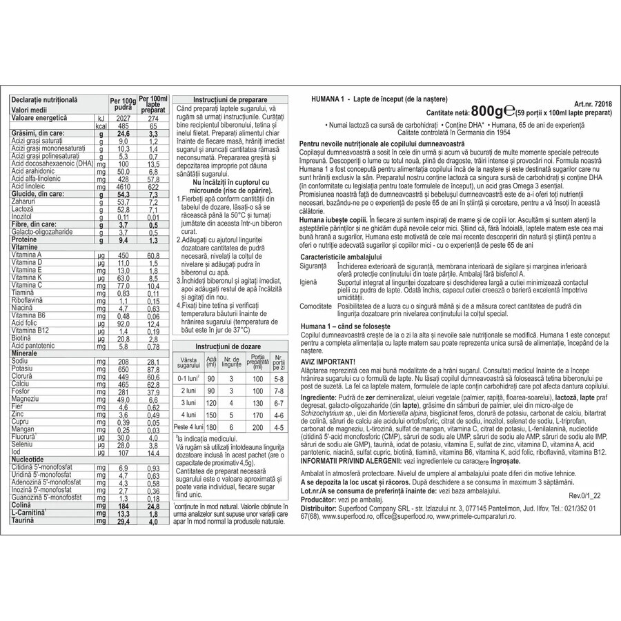 Formula de lapte de inceput 1, +0 luni, 800 g, Humana