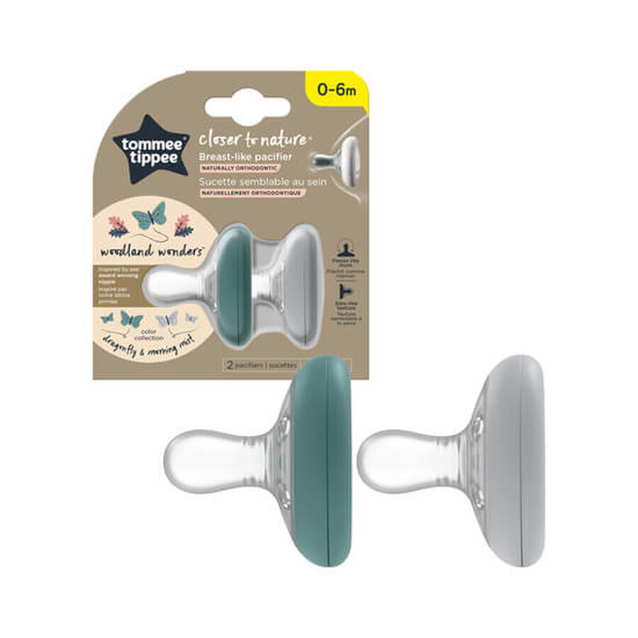 Suzeta de noapte Closer to Nature Breast like Pacifier, 0-6 luni, 2 bucati, Verde/Gri, Tommee Tippee