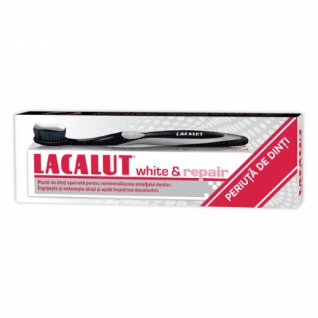Pachet Pasta de dinti Lacalut White & Repair, 75 ml + Periuta de dinti Lacalut Black Edition