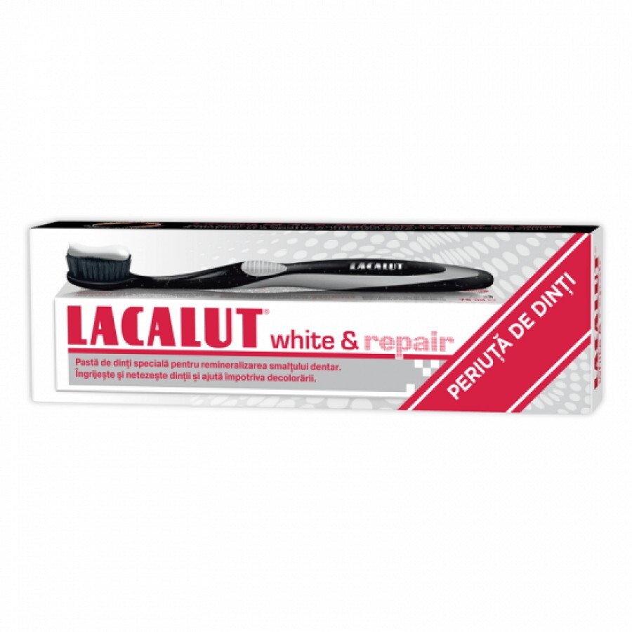 Pachet Pasta de dinti Lacalut White & Repair, 75 ml + Periuta de dinti Lacalut Black Edition