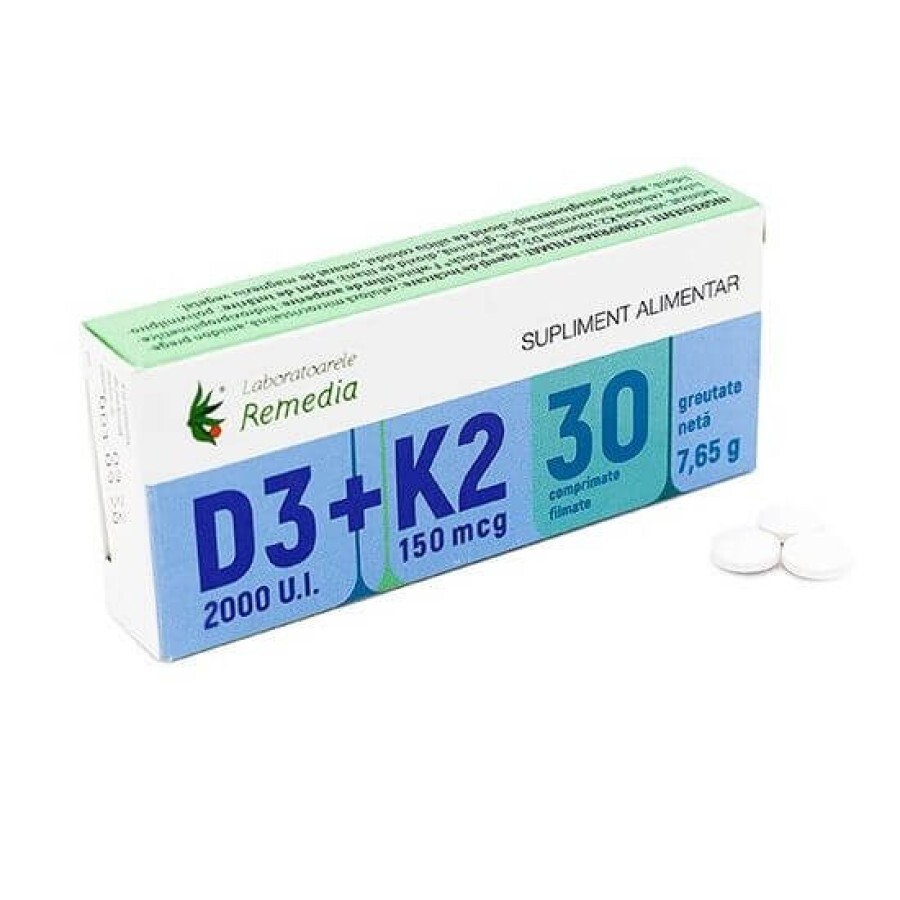 Vitamina D3 2000 UI + K2 75 mcg, 30 comprimate, Laboratoarele Remedia recenzii