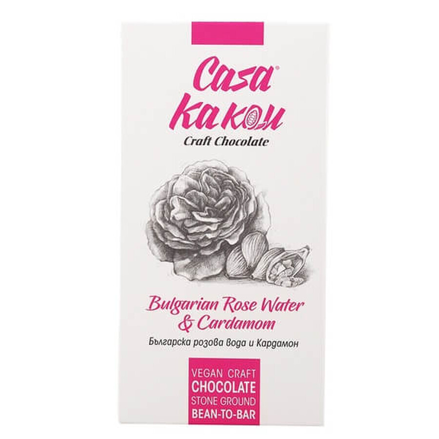 Ciocolata neagra artizanala cu apa de trandafiri si cardamom, 70 gr, Casa Kakau