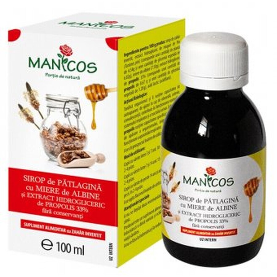 Sirop de patlagina cu miere si propolis 100 ml, Manicos