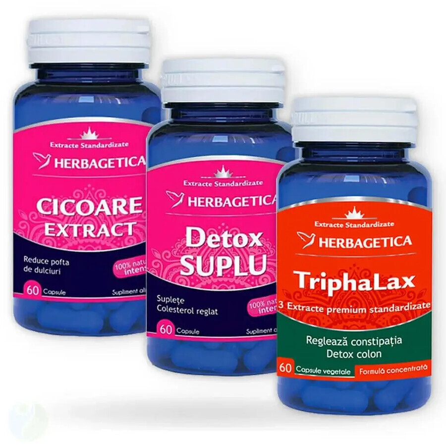 Confezione Cicoria 60 capsule + Detox Suplu 60 capsule + Triphalax 60 capsule, Herbagetica