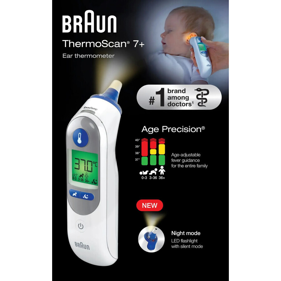 ThermoScan7+ children's ear thermometer with Age Precision, 1 piece, Braun