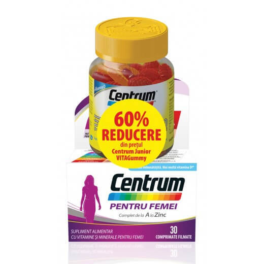 Centrum Femei, 30 Comprimate + Centrum Junior VitaGummy, 30 Jeleuri (1+1-60% Reducere la al doilea Produs), GSK