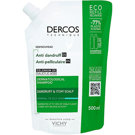 Vichy Dercos Sampon anti-matreata pentru par normal/gras, format eco, 500 ml